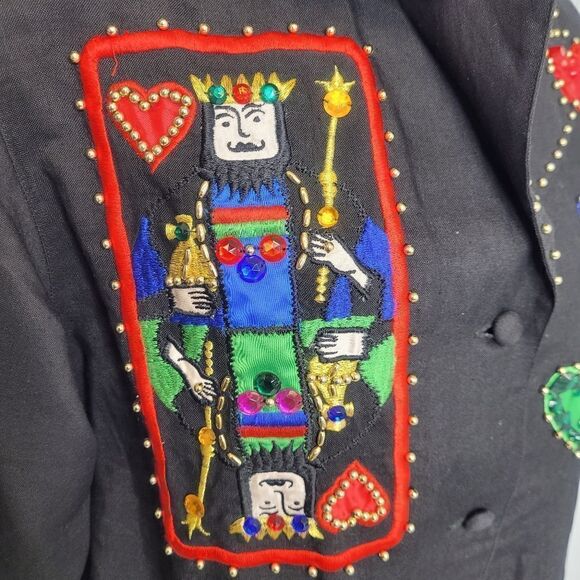 VINTAGE 80s top black embellished beaded king of‎ hearts button up M - Picture 6 of 11